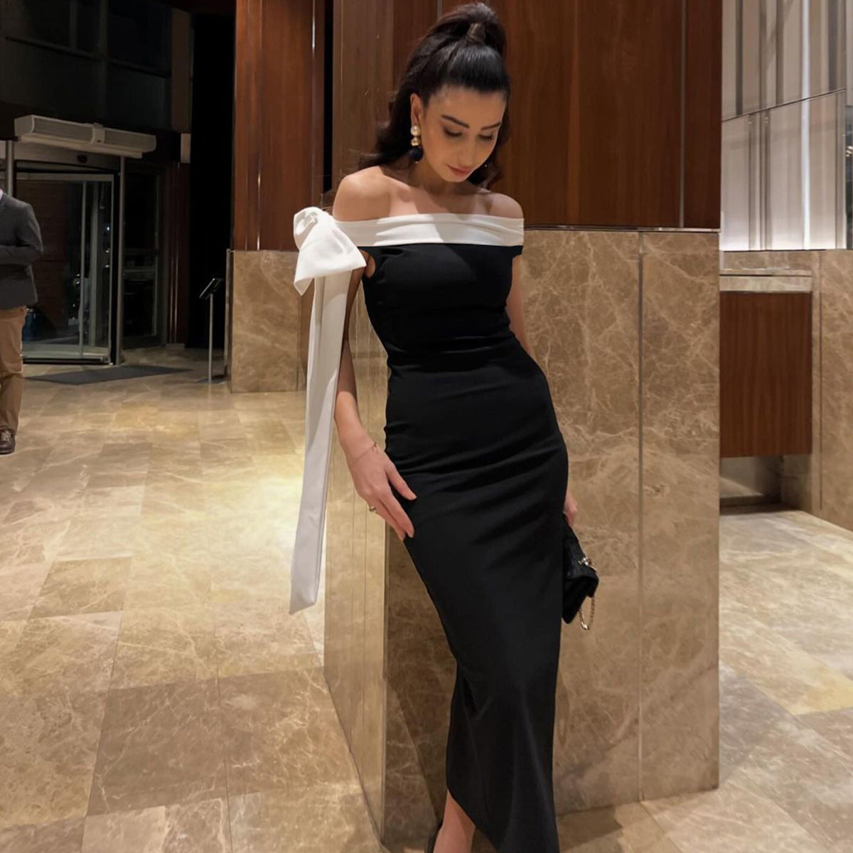 Off Shoulder Oversized Bow Sash Column Maxi Gown