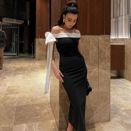 Off Shoulder Oversized Bow Sash Column Maxi Gown