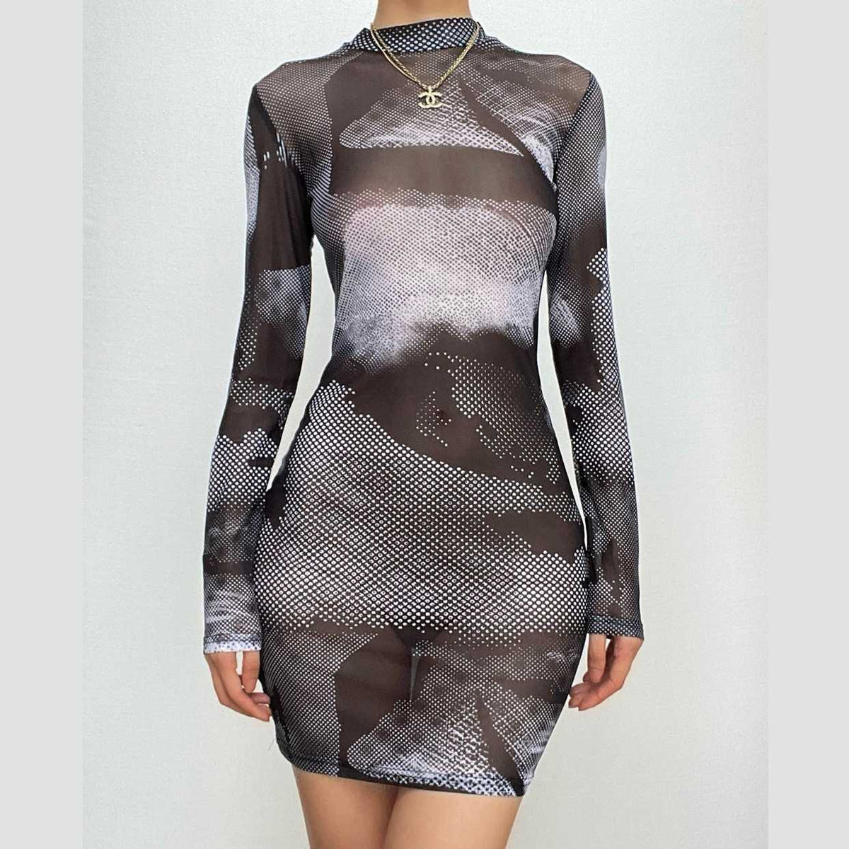 Mock Neck Long Sleeve Halftone Abstract Print Sheer Mesh Bodycon Mini Dress
