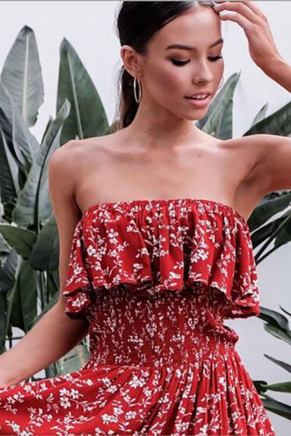Strapless Ruffle Bodice Smocked Waist Ditsy Floral Mini Dress
