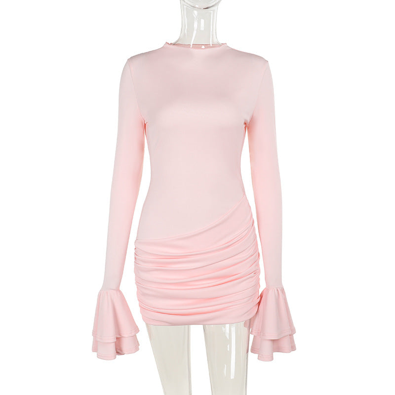 Crew Neck Long Sleeve Ruched Tiered Cuff Flare Hem Mini Dress