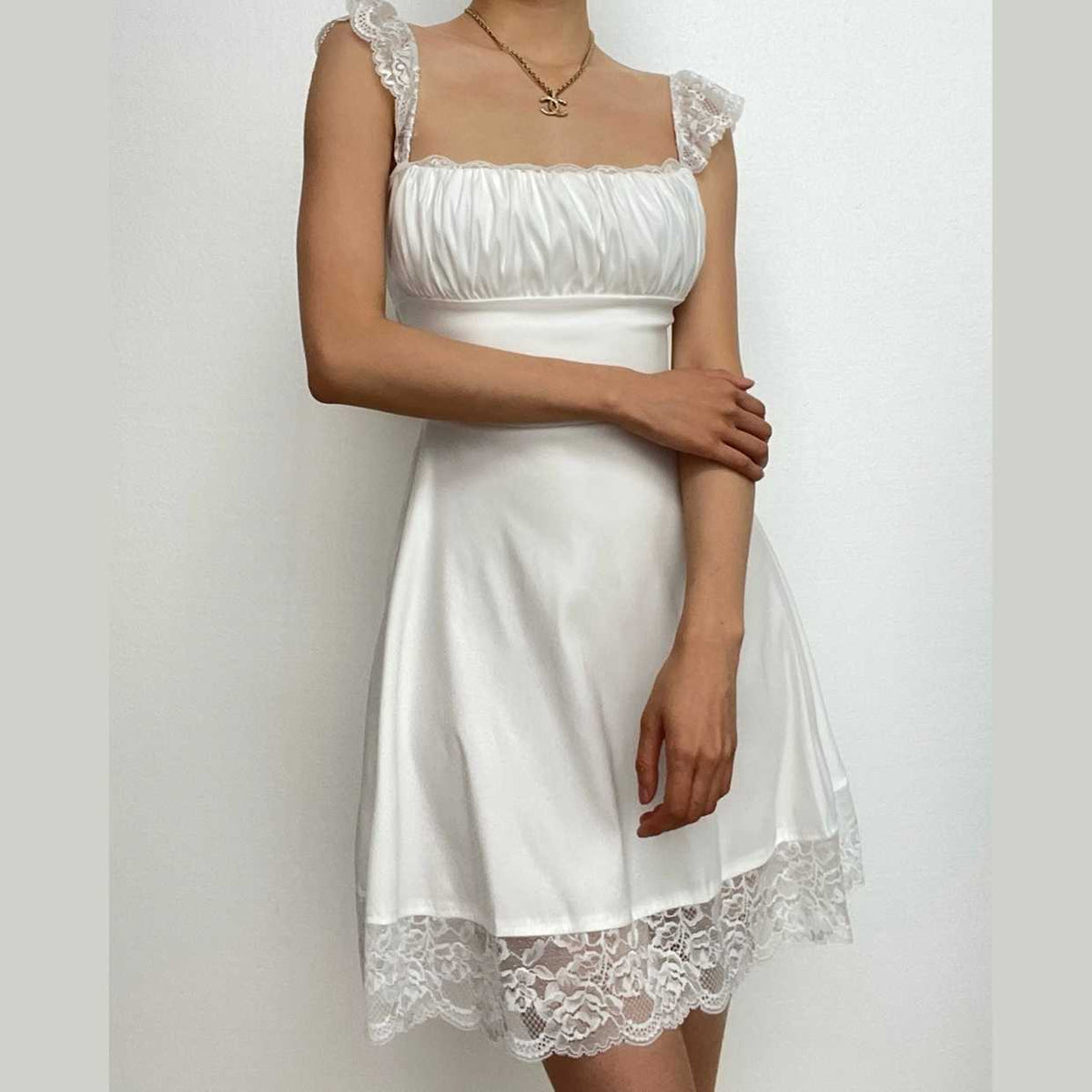 Square Neck Ruched Lace Strap Lace Hem Zip Mini Dress