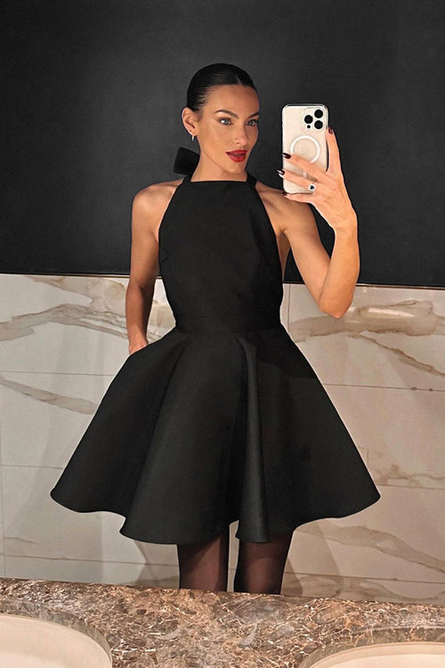 Halter Neck Bow Tie Back Flared Skater Mini Dress