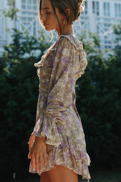 Deep V Neck Crochet Trim Bell Sleeve Tiered Floral Mini Dress