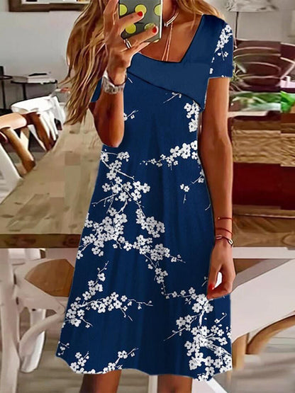 Asymmetric Lapel V-Neck Short Sleeve Floral Print Shift Mini Dress