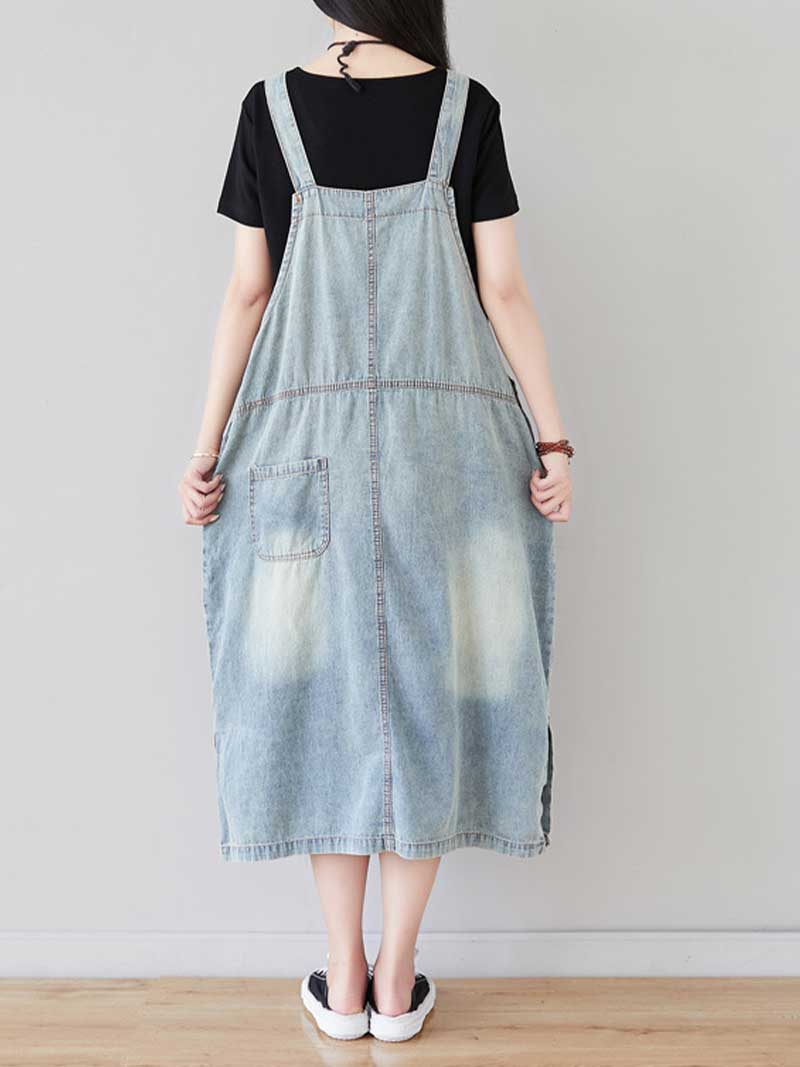 Square Neck Overall Bib Front Midi Dress