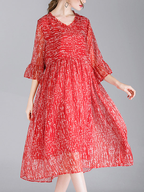 V-Neck Tiered Bell Cuff Empire Waist Pleated Dotted Midi Dress