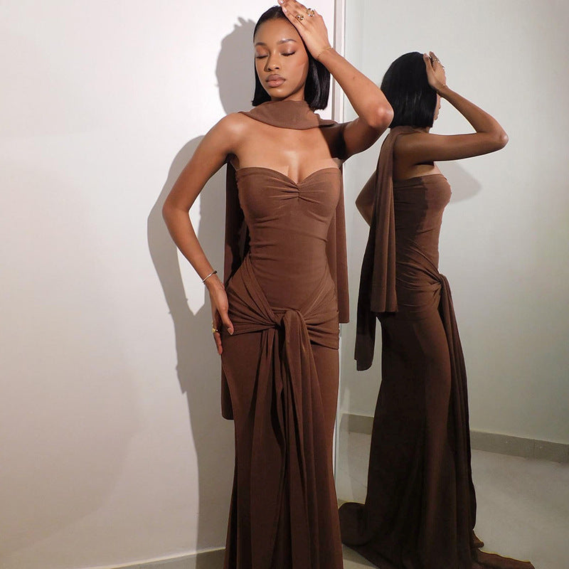 Strapless Sweetheart Front Knotted Sash Drape Mermaid Maxi Gown With Scarf