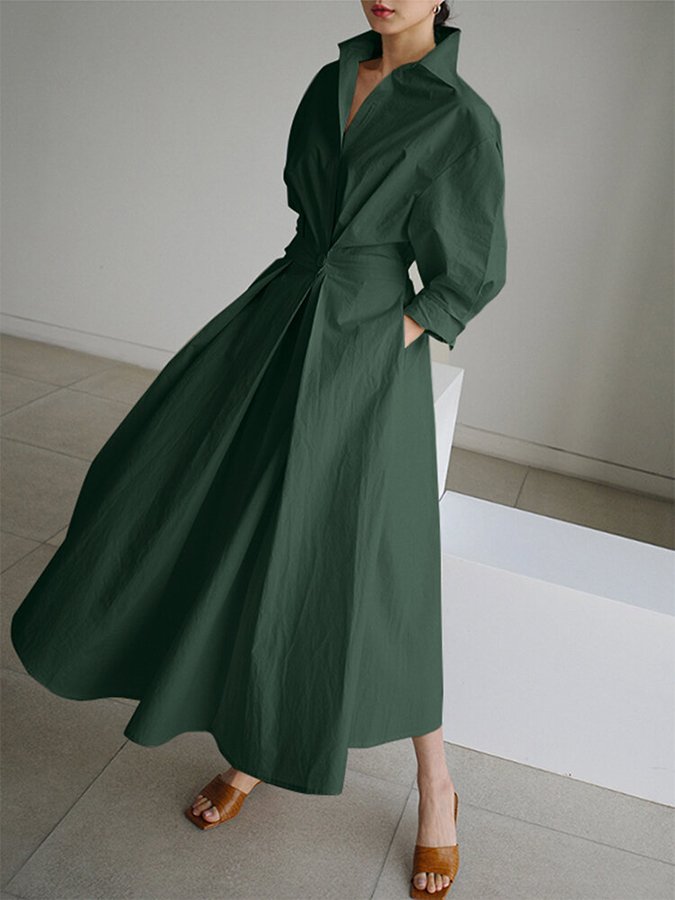 Collared Deep V-Neck Puff Sleeve Pleated A-Line Midi Shirt Dress