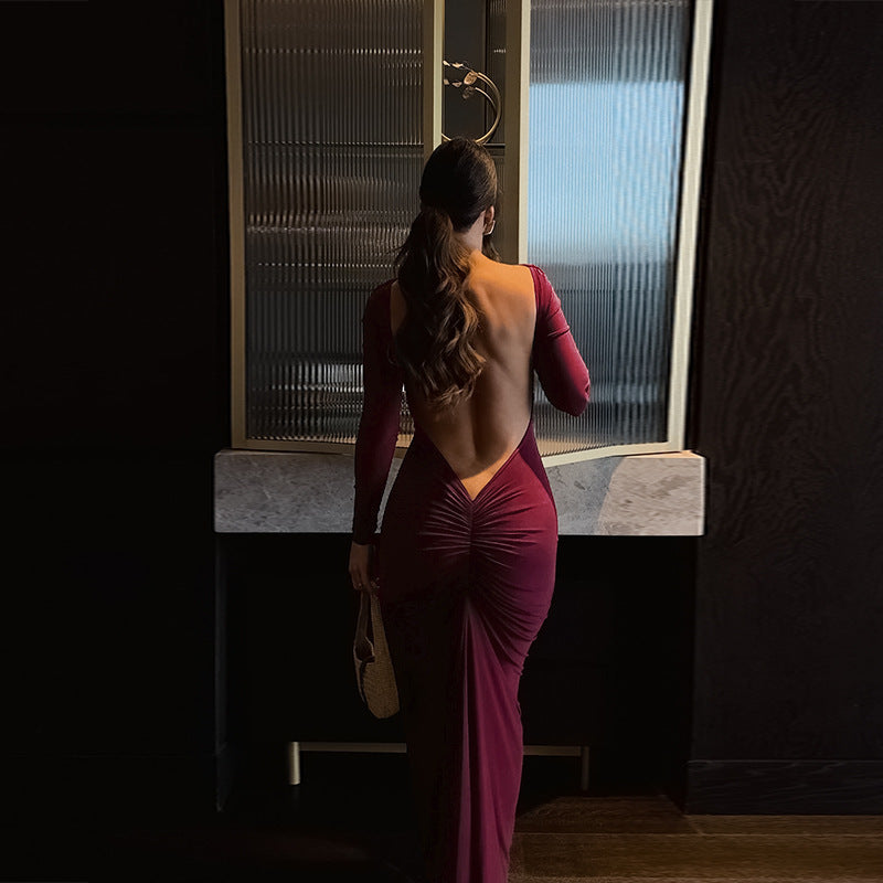 Long Sleeve Backless Ruched Column Maxi Gown