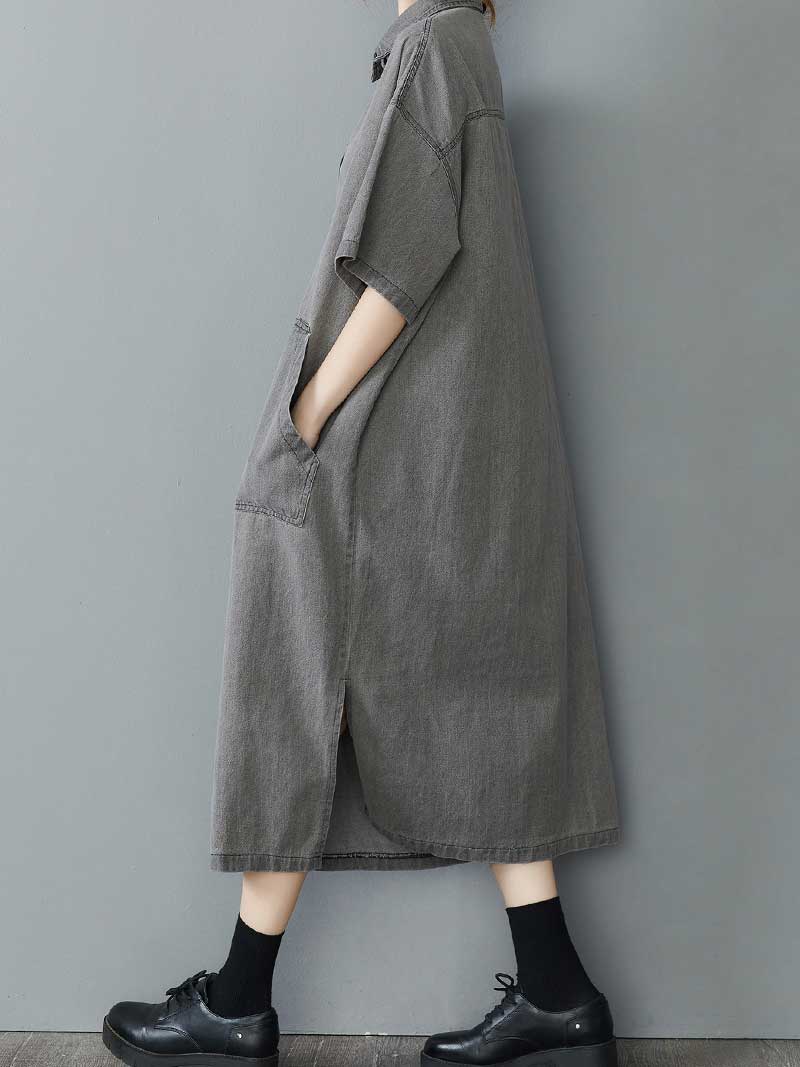 Round Neck Short Sleeve Patch Pocket Oversized Shirt Midi Dress