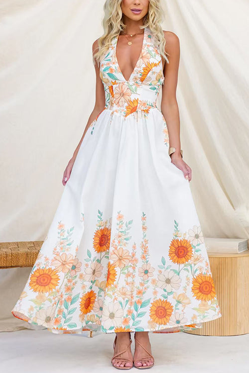 Halter V Neck Lace-up Backless Sunflower Print Maxi Dress