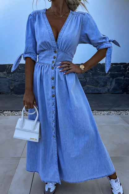 Collar Button Front Denim Puff Sleeve Maxi Shirt Dress