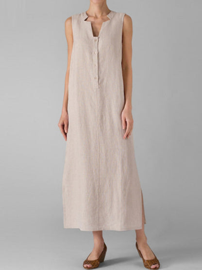 Sleeveless Notched Collar Button Front Linen Maxi Dress with Side Slits