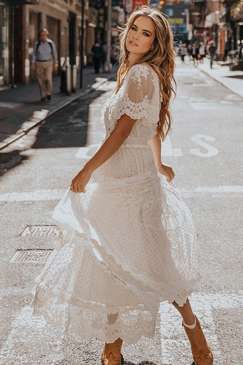 V Neck Short Sleeve Swiss Dot Lace Tiered Scalloped Hem Maxi Dress