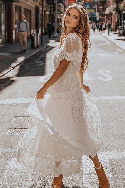 V Neck Short Sleeve Swiss Dot Lace Tiered Scalloped Hem Maxi Dress