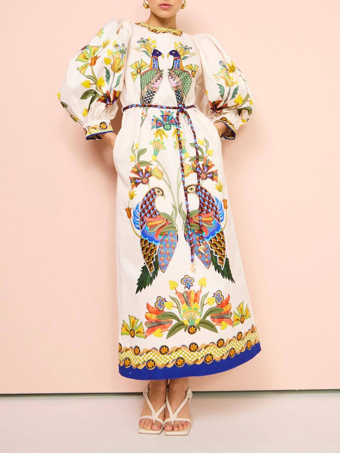 Bird Print Puff Sleeve Round Neck Tie-Waist Border Trim Midi Dress