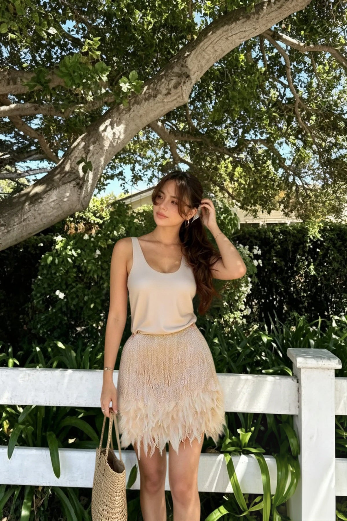 Scoop Neck Sequin Feather Trim Mini Skirt Set