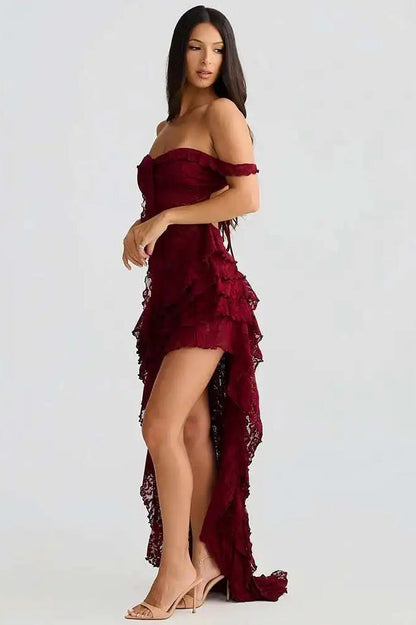 Floral Lace Off-Shoulder Tie-Front Tiered High-Low Ruffle Midi Dress