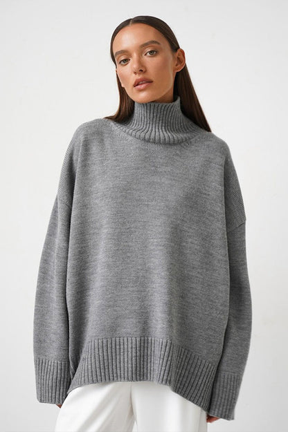 Loose Fit Solid Turtleneck Euro Knit Sweater