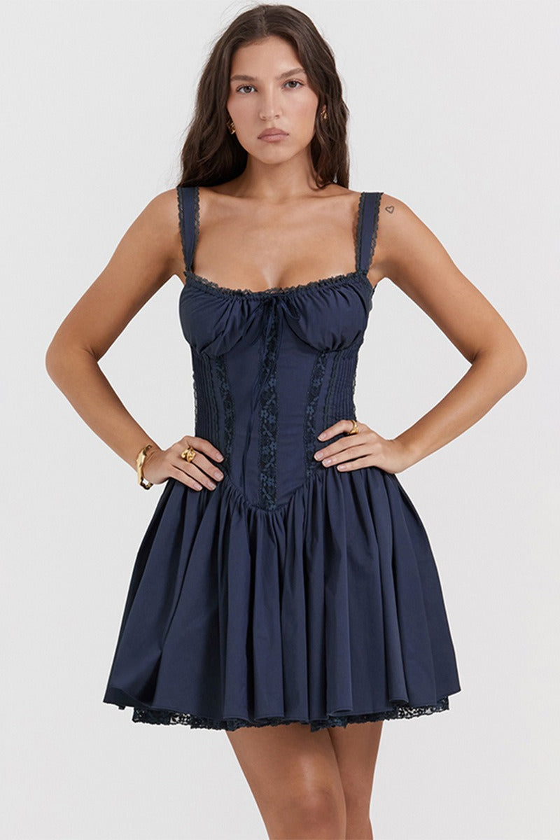 Off Shoulder Lace Trim Corset Bodice Lace Hem A-Line Mini Dress