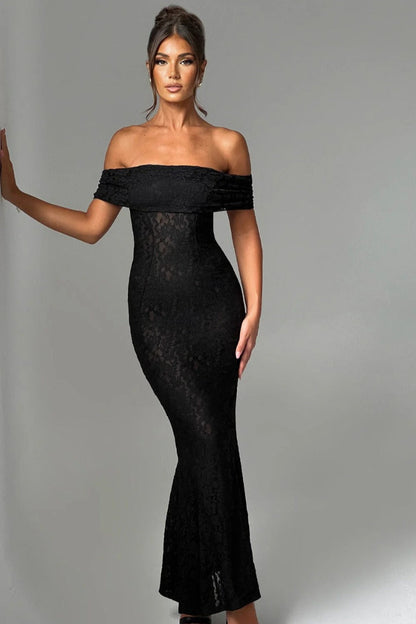 Floral Lace Off Shoulder Foldover Cuff Mermaid Maxi Dress