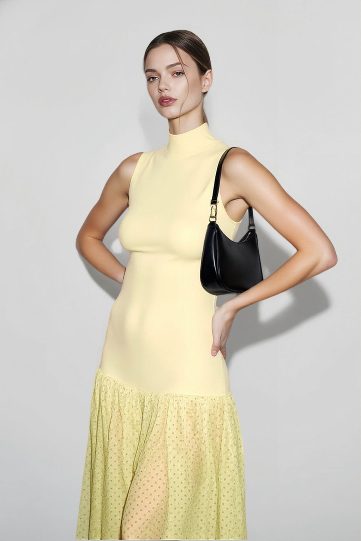 Mock Neck Drop Waist Micro Dot Gathered Maxi Dress