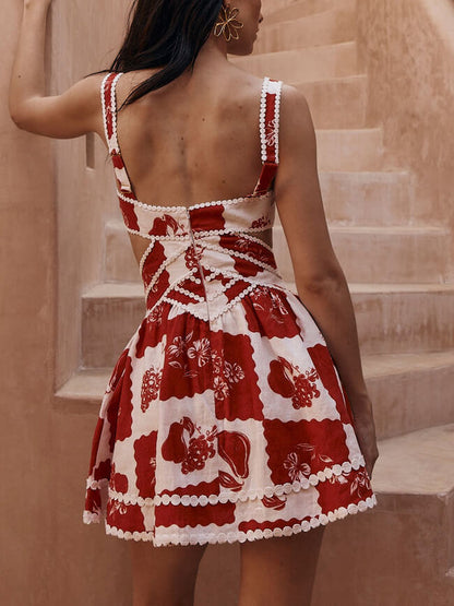 Deep V Neck Side Cutout Scalloped Trim Postage Stamp Floral Mini Dress