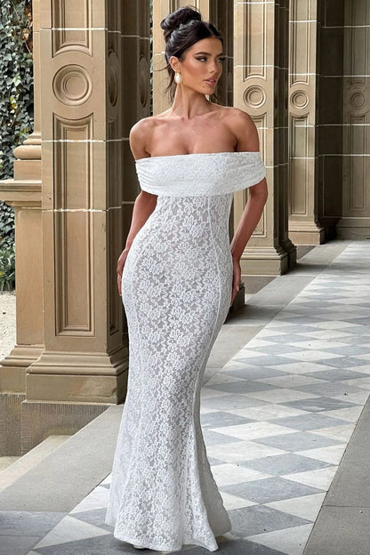 Floral Lace Off Shoulder Foldover Cuff Mermaid Maxi Dress