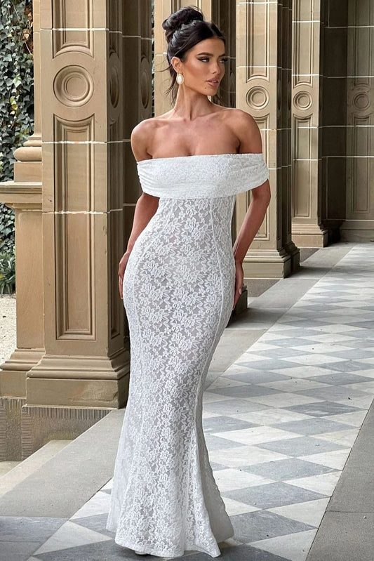 Floral Lace Off Shoulder Foldover Cuff Mermaid Maxi Dress