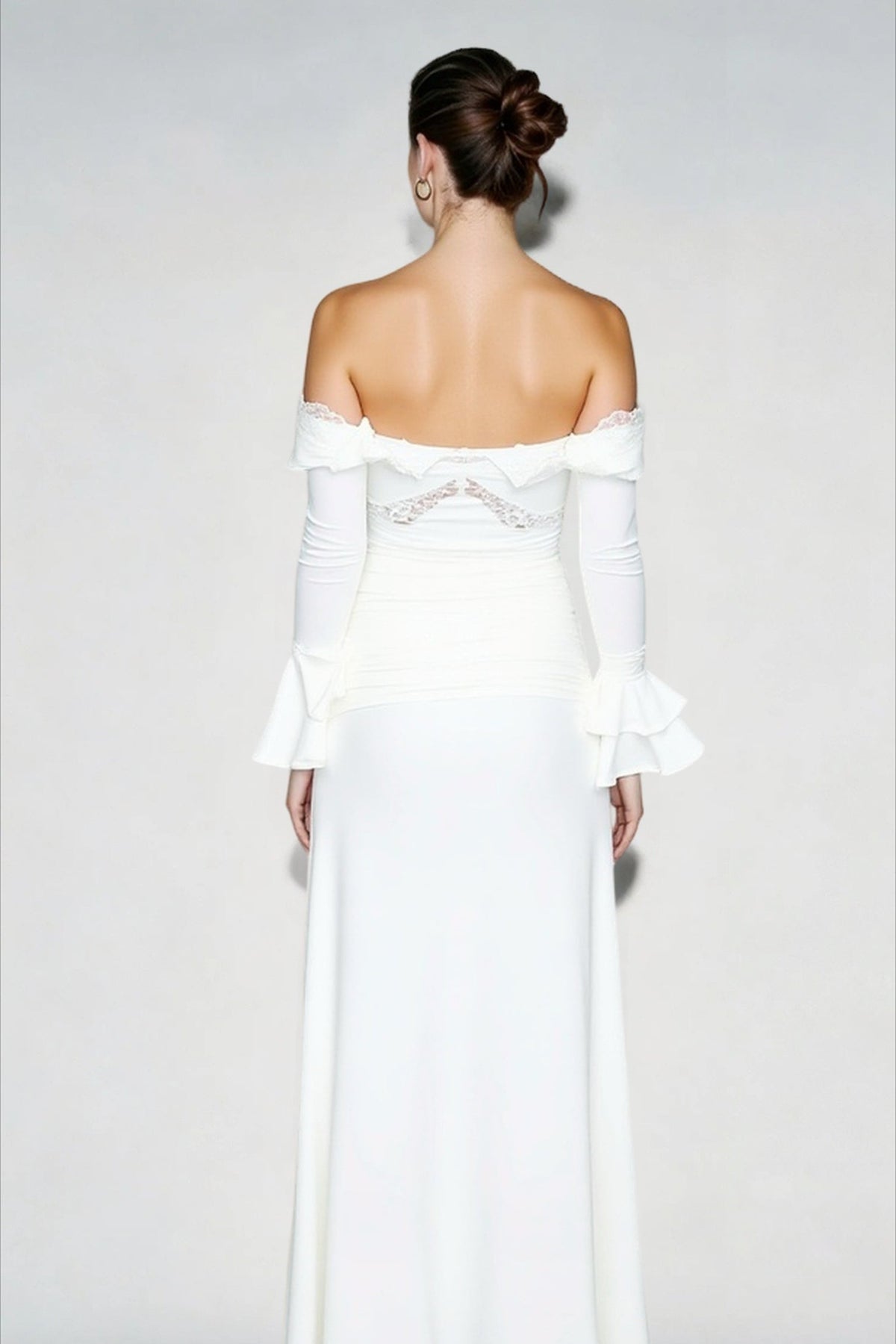 Off-Shoulder Lace Neckline Butterfly Lace Bodice Ruffle Cuff Maxi Dress