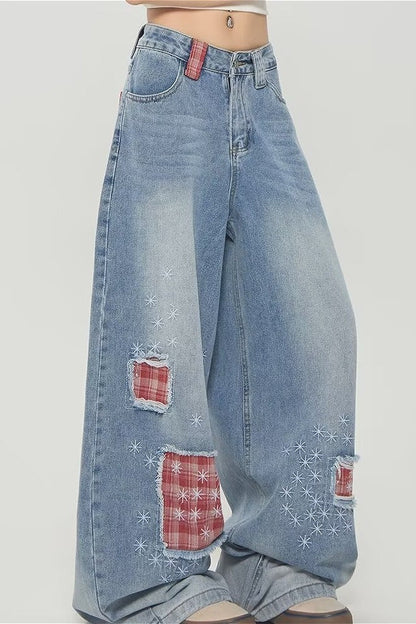 Vintage Plaid Patchwork Distressed Wide-Leg Jeans