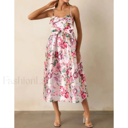Red 3D Bow Spaghetti Strap Midi Dress