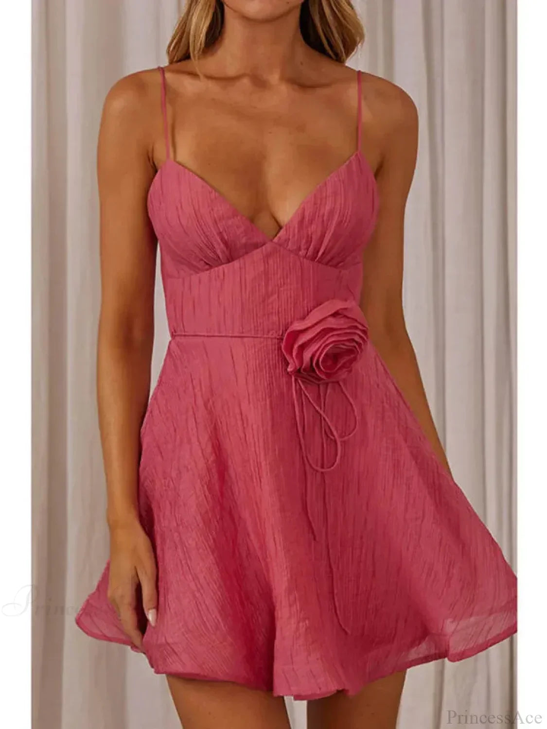 Textured Rosette Waist Spaghetti Strap Fit and Flare Mini Dress