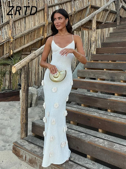 3D Flower V-neck Backless Lace-Up Maxi Floral Dress