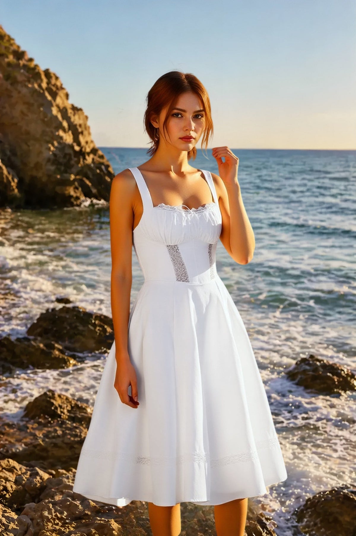 Square Neck Lace Panel Corset Ruched Bust Midi Dress