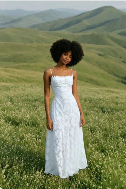 Spaghetti Strap Square Neck Floral Lace A-Line Floor Length Gown