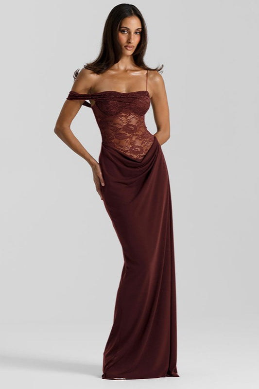 Lace Spaghetti Strap Corset Wrap Drape Panel Maxi Dress