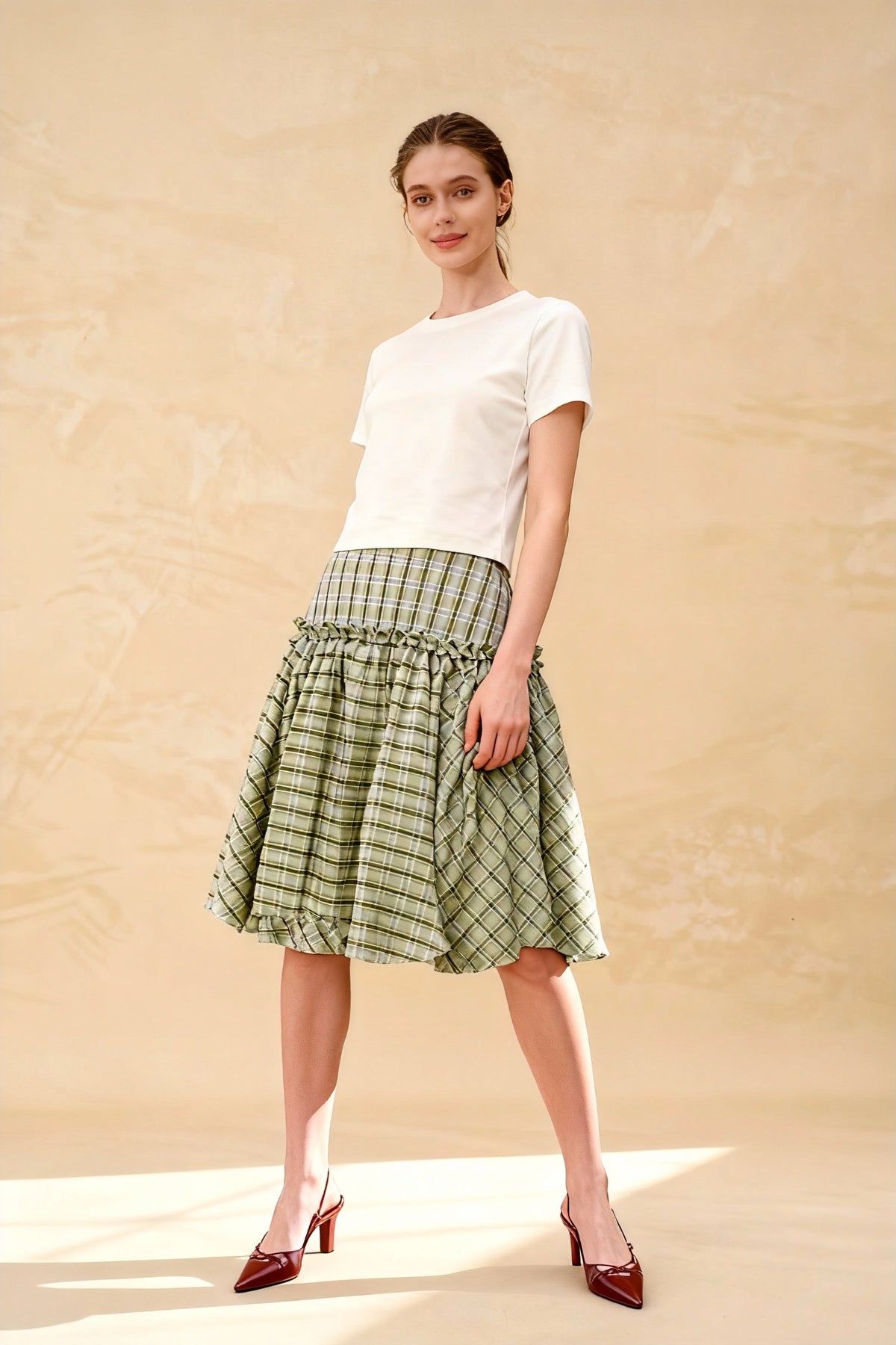 Plaid Tiered Ruffle A-line Skirt