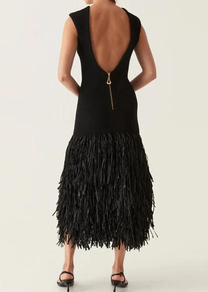 High Neck Sleeveless Fringe Hem Bodycon Midi Dress