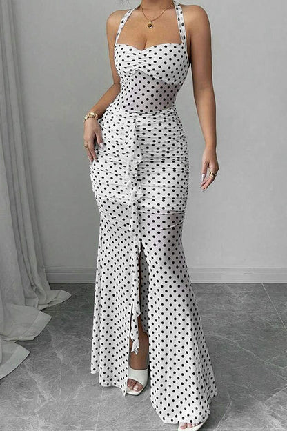 Polka Dot Halter Neck Sweetheart Ruched Cascade Ruffle Bodycon Midi Dress
