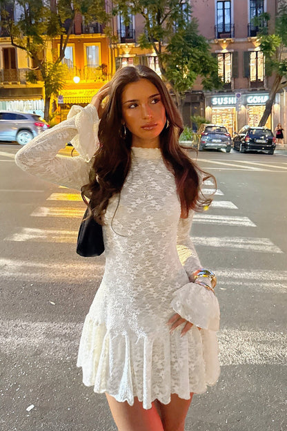 Lace Mock Neck Bell Sleeve Ruffle Hem Mini Dress