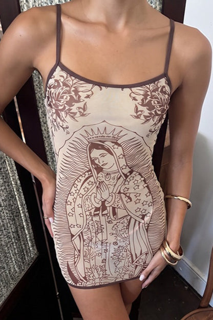 Brown Spaghetti Strap Square Neck Graphic Print Bodycon Mini Dress
