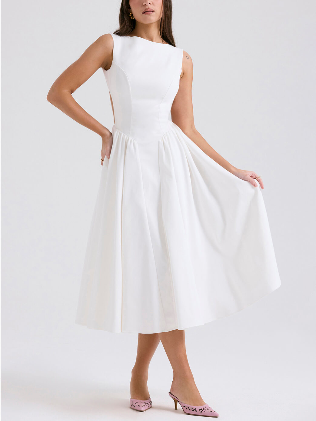 Boat Neck Drop Waist Pleated Backless Midi Dress