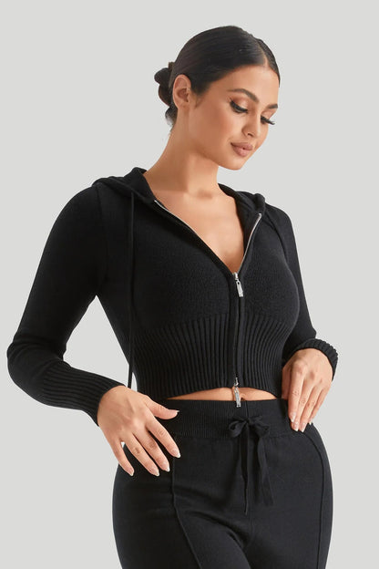 Knit Hooded Sexy High-Waist Long-Sleeve Hoodie