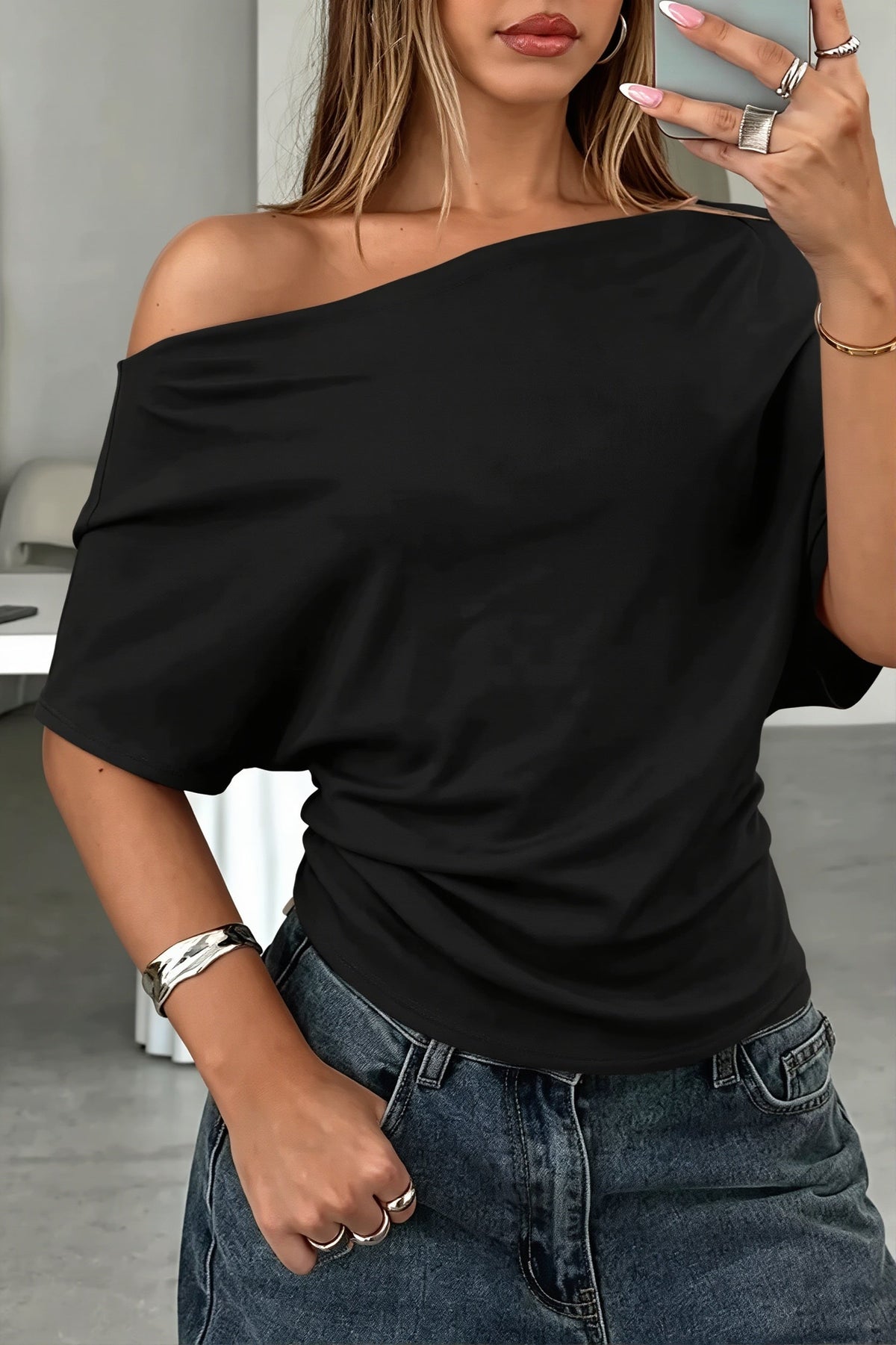 One Shoulder Ruched Waist T-Shirt