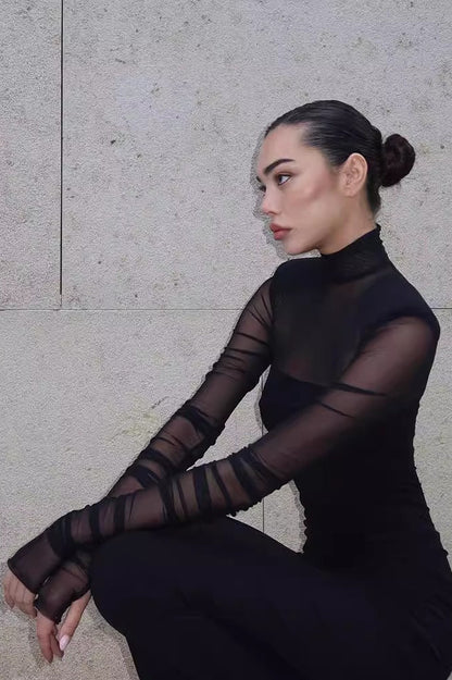 Mesh Panel Turtleneck Bodycon Midi Dress