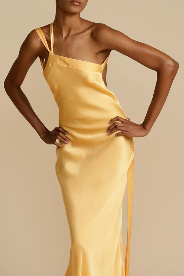 Asymmetrical Shoulder Slim Satin Party Dress