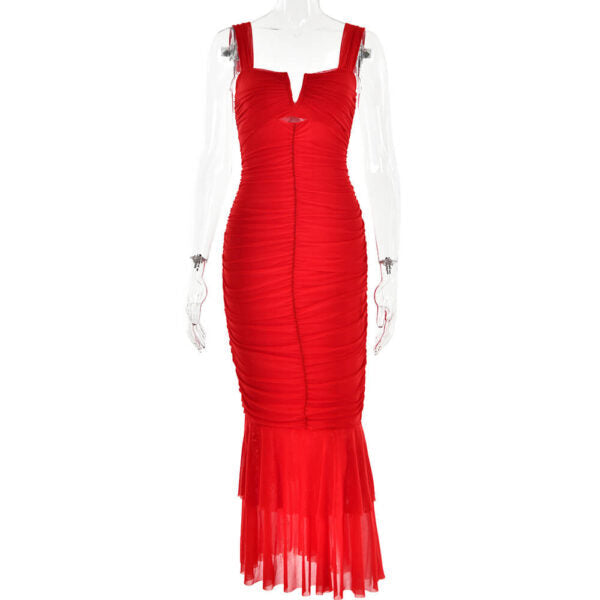 Square Neck Ruched Keyhole Tiered Ruffle Mermaid Maxi Dress