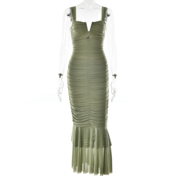 V Neck Ruched Tiered Flounce Mermaid Maxi Dress